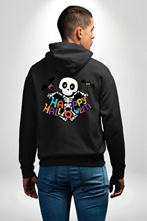 Halloween Skeleton Eğlenceli Cadılar Bayramı Erkek Kadın Siyah Ön Sırt Baskılı Kapüşonlu Sweatshirt Hoodie
