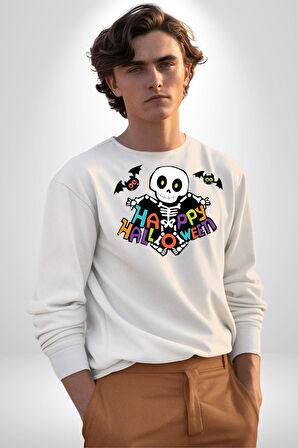 Halloween Skeleton Eğlenceli Cadılar Bayramı Erkek Kadın Unisex Dijital Baskılı Beyaz Sweatshirt