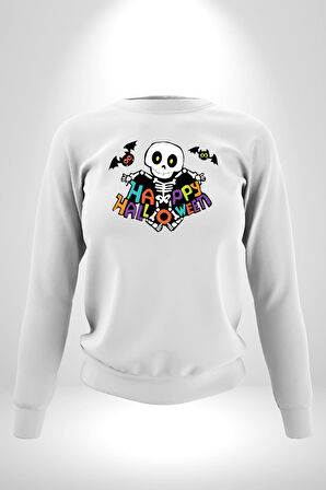 Halloween Skeleton Eğlenceli Cadılar Bayramı Erkek Kadın Unisex Dijital Baskılı Beyaz Sweatshirt