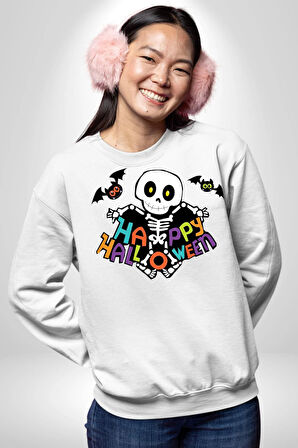 Halloween Skeleton Eğlenceli Cadılar Bayramı Erkek Kadın Unisex Dijital Baskılı Beyaz Sweatshirt