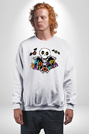 Halloween Skeleton Eğlenceli Cadılar Bayramı Erkek Kadın Unisex Dijital Baskılı Beyaz Sweatshirt