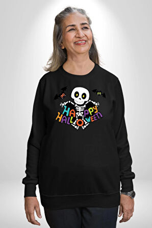 Halloween Skeleton Eğlenceli Cadılar Bayramı Erkek Kadın Unisex Dijital Baskılı Siyah Sweatshirt