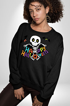 Halloween Skeleton Eğlenceli Cadılar Bayramı Erkek Kadın Unisex Dijital Baskılı Siyah Sweatshirt