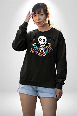 Halloween Skeleton Eğlenceli Cadılar Bayramı Erkek Kadın Unisex Dijital Baskılı Siyah Sweatshirt