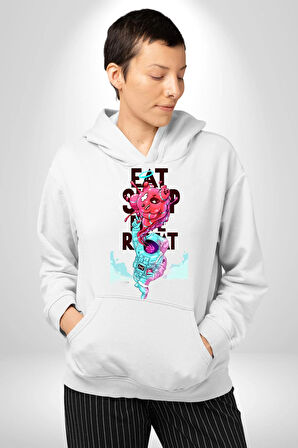 Space Party Astronaut Absürt Neon Renkli Uzay Erkek Kadın Beyaz Dijital Baskılı Kapüşonlu Sweatshirt Hoodie