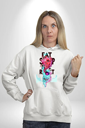 Space Party Astronaut Absürt Neon Renkli Uzay Erkek Kadın Beyaz Dijital Baskılı Kapüşonlu Sweatshirt Hoodie