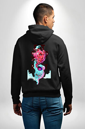 Space Party Astronaut Absürt Neon Renkli Uzay Erkek Kadın Siyah Ön Sırt Baskılı Kapüşonlu Sweatshirt Hoodie