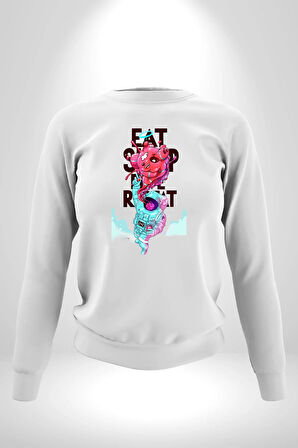 Space Party Astronaut Absürt Neon Renkli Uzay Erkek Kadın Unisex Dijital Baskılı Beyaz Sweatshirt