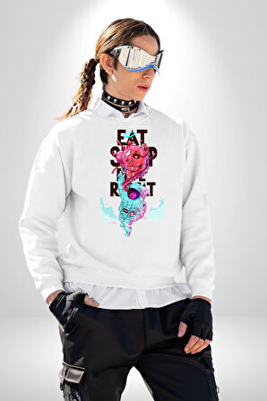 Space Party Astronaut Absürt Neon Renkli Uzay Erkek Kadın Unisex Dijital Baskılı Beyaz Sweatshirt