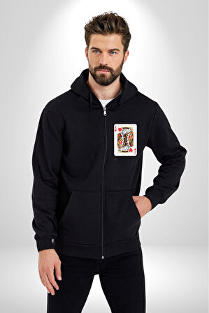 King of Hearts Klasik İskambil Kartı Grafiği Erkek Kadın Siyah Fermuarlı Baskılı Hırka Sweatshirt
