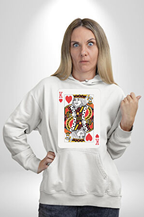 King of Hearts Klasik İskambil Kartı Grafiği Erkek Kadın Beyaz Dijital Baskılı Kapüşonlu Sweatshirt Hoodie