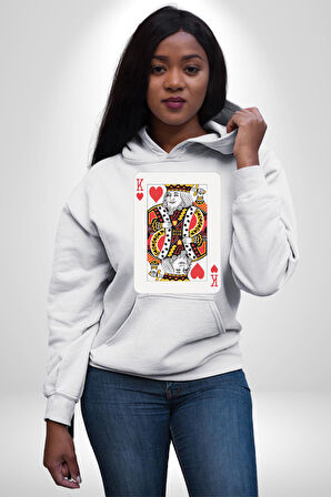 King of Hearts Klasik İskambil Kartı Grafiği Erkek Kadın Beyaz Dijital Baskılı Kapüşonlu Sweatshirt Hoodie