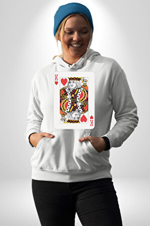 King of Hearts Klasik İskambil Kartı Grafiği Erkek Kadın Beyaz Dijital Baskılı Kapüşonlu Sweatshirt Hoodie