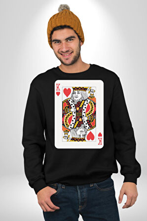King of Hearts Klasik İskambil Kartı Grafiği Erkek Kadın Unisex Dijital Baskılı Siyah Sweatshirt