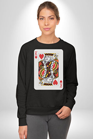 King of Hearts Klasik İskambil Kartı Grafiği Erkek Kadın Unisex Dijital Baskılı Siyah Sweatshirt