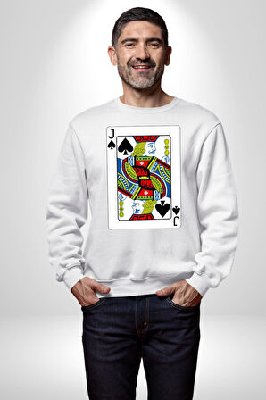 Jack of Spades Klasik İskambil Kartı Grafiği Erkek Kadın Unisex Dijital Baskılı Beyaz Sweatshirt
