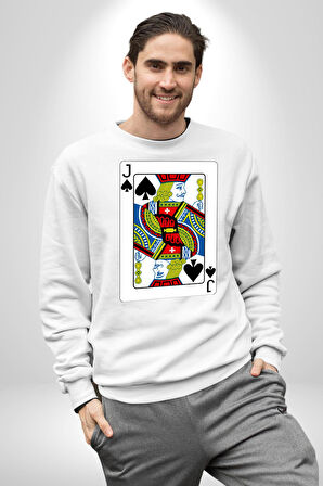 Jack of Spades Klasik İskambil Kartı Grafiği Erkek Kadın Unisex Dijital Baskılı Beyaz Sweatshirt