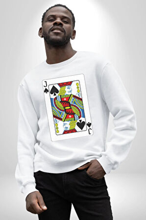 Jack of Spades Klasik İskambil Kartı Grafiği Erkek Kadın Unisex Dijital Baskılı Beyaz Sweatshirt
