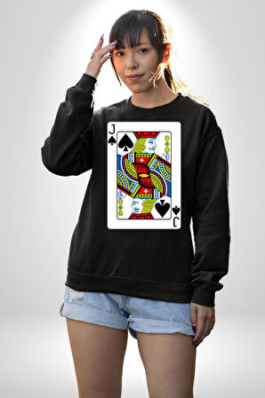 Jack of Spades Klasik İskambil Kartı Grafiği Erkek Kadın Unisex Dijital Baskılı Siyah Sweatshirt
