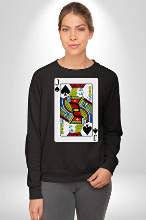 Jack of Spades Klasik İskambil Kartı Grafiği Erkek Kadın Unisex Dijital Baskılı Siyah Sweatshirt