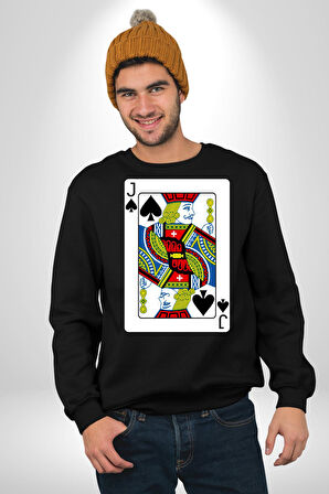 Jack of Spades Klasik İskambil Kartı Grafiği Erkek Kadın Unisex Dijital Baskılı Siyah Sweatshirt