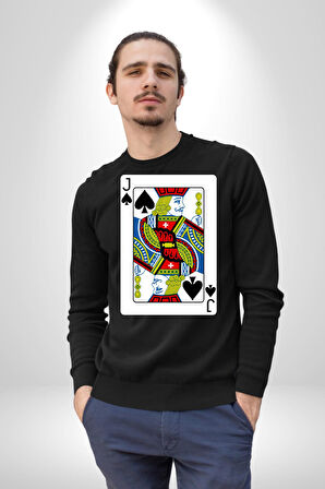 Jack of Spades Klasik İskambil Kartı Grafiği Erkek Kadın Unisex Dijital Baskılı Siyah Sweatshirt