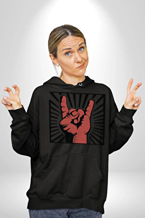 Rock On El İşareti Metal Horns Sembolü Erkek Kadın Siyah Dijital Baskılı Kapüşonlu Sweatshirt Hoodie
