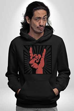Rock On El İşareti Metal Horns Sembolü Erkek Kadın Siyah Dijital Baskılı Kapüşonlu Sweatshirt Hoodie