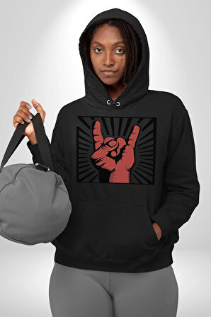 Rock On El İşareti Metal Horns Sembolü Erkek Kadın Siyah Dijital Baskılı Kapüşonlu Sweatshirt Hoodie