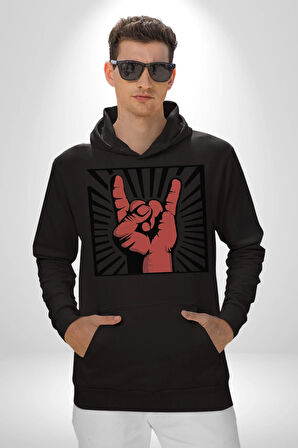 Rock On El İşareti Metal Horns Sembolü Erkek Kadın Siyah Dijital Baskılı Kapüşonlu Sweatshirt Hoodie