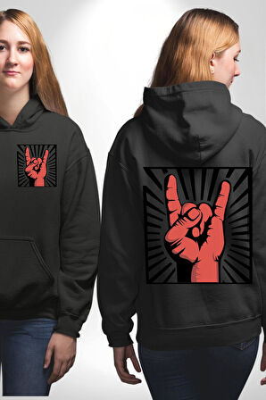 Rock On El İşareti Metal Horns Sembolü Erkek Kadın Siyah Ön Sırt Baskılı Kapüşonlu Sweatshirt Hoodie