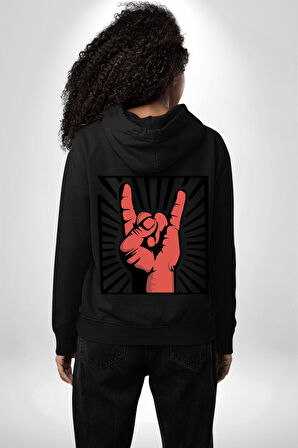 Rock On El İşareti Metal Horns Sembolü Erkek Kadın Siyah Ön Sırt Baskılı Kapüşonlu Sweatshirt Hoodie