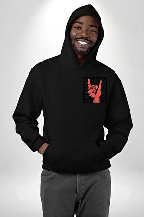 Rock On El İşareti Metal Horns Sembolü Erkek Kadın Siyah Ön Sırt Baskılı Kapüşonlu Sweatshirt Hoodie