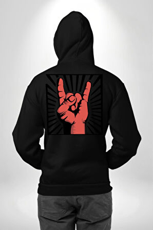 Rock On El İşareti Metal Horns Sembolü Erkek Kadın Siyah Ön Sırt Baskılı Kapüşonlu Sweatshirt Hoodie