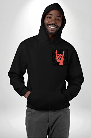 Rock On El İşareti Metal Horns Sembolü Erkek Kadın Siyah Ön Sırt Baskılı Kapüşonlu Sweatshirt Hoodie
