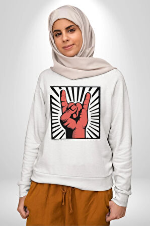 Rock On El İşareti Metal Horns Sembolü Erkek Kadın Unisex Dijital Baskılı Beyaz Sweatshirt