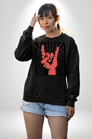 Rock On El İşareti Metal Horns Sembolü Erkek Kadın Unisex Dijital Baskılı Siyah Sweatshirt