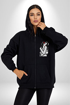 Tattooed Rose Lady Gothic Dövme Sanatı Temalı Erkek Kadın Siyah Fermuarlı Baskılı Hırka Sweatshirt
