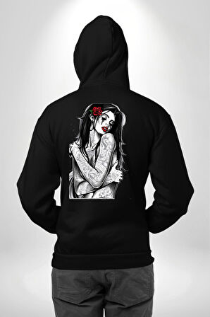 Tattooed Rose Lady Gothic Dövme Sanatı Temalı Erkek Kadın Siyah Ön Sırt Baskılı Kapüşonlu Sweatshirt Hoodie