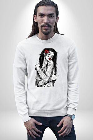 Tattooed Rose Lady Gothic Dövme Sanatı Temalı Erkek Kadın Unisex Dijital Baskılı Beyaz Sweatshirt