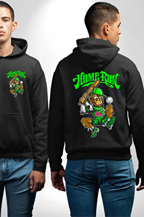 Home Run Monkey Beyzbol Eğlenceli Karakter Erkek Kadın Siyah Ön Sırt Baskılı Kapüşonlu Sweatshirt Hoodie