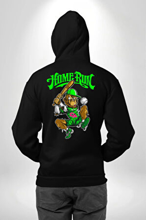 Home Run Monkey Beyzbol Eğlenceli Karakter Erkek Kadın Siyah Ön Sırt Baskılı Kapüşonlu Sweatshirt Hoodie
