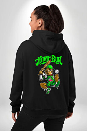 Home Run Monkey Beyzbol Eğlenceli Karakter Erkek Kadın Siyah Ön Sırt Baskılı Kapüşonlu Sweatshirt Hoodie