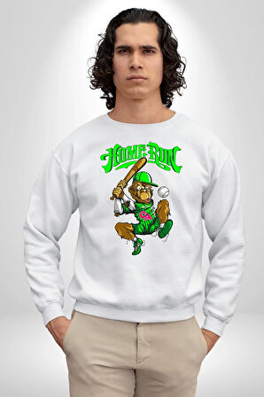 Home Run Monkey Beyzbol Eğlenceli Karakter Erkek Kadın Unisex Dijital Baskılı Beyaz Sweatshirt
