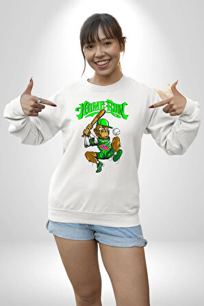 Home Run Monkey Beyzbol Eğlenceli Karakter Erkek Kadın Unisex Dijital Baskılı Beyaz Sweatshirt