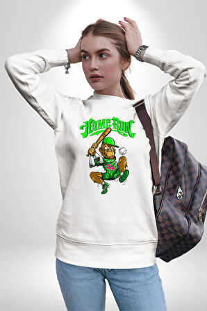 Home Run Monkey Beyzbol Eğlenceli Karakter Erkek Kadın Unisex Dijital Baskılı Beyaz Sweatshirt