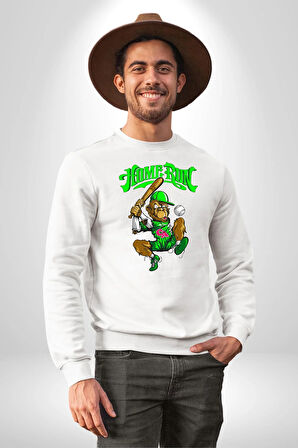 Home Run Monkey Beyzbol Eğlenceli Karakter Erkek Kadın Unisex Dijital Baskılı Beyaz Sweatshirt