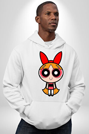 Blossom - Powerpuff Girls Karakter Tasarımı Erkek Kadın Beyaz Dijital Baskılı Kapüşonlu Sweatshirt Hoodie