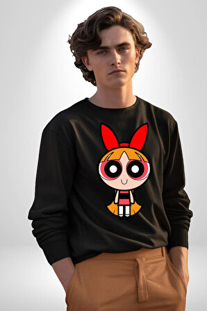 Blossom - Powerpuff Girls Karakter Tasarımı Erkek Kadın Unisex Dijital Baskılı Siyah Sweatshirt