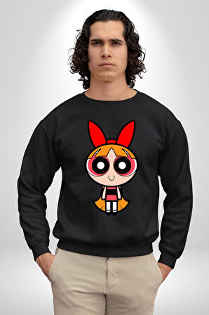 Blossom - Powerpuff Girls Karakter Tasarımı Erkek Kadın Unisex Dijital Baskılı Siyah Sweatshirt